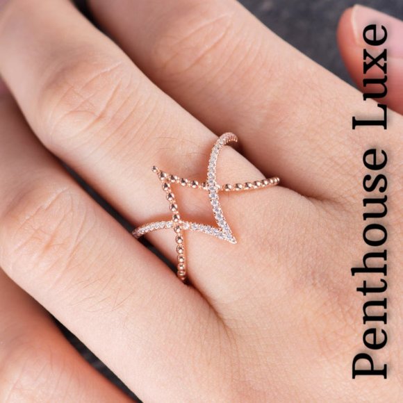 Rose Gold Double V Criss Cross Ring - Picture 4 of 5